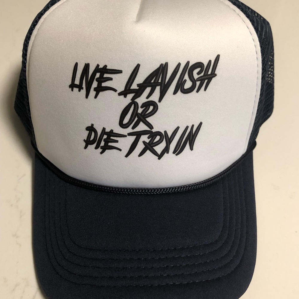 Live Lavish Or Die Tryin Trucker Hat - White & Navy